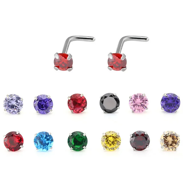 100Pcs CZ Nose Ring Popular Zircon Curved Stud L Anti-Allergy Steel Ornament Cubic Zirconia 3mm Wholesale