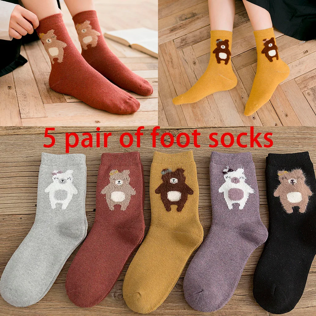 harajuku style Winter 5 Pairs Of Women Middle Tube Cotton Print Socks Cute Bear Style Ladies Warm Socks set of women's socks