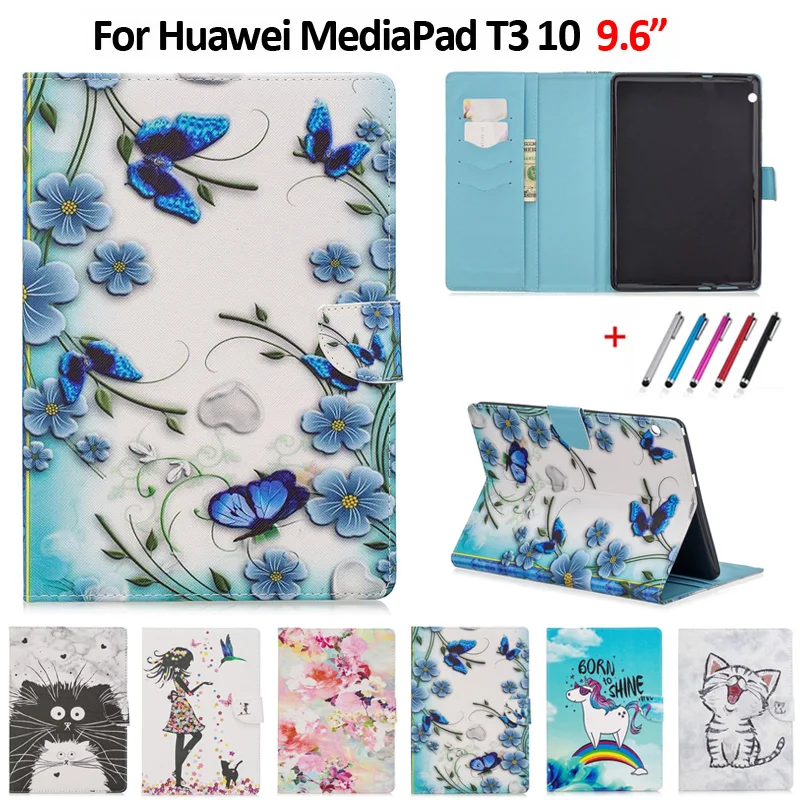 Чехол для huawei MediaPad T3 10 чехол Kawaii Единорог кошка девушки цветок окрашенный PU кожаный чехол-подставка для huawei T3 10 чехол 9,6" - Цвет: Random