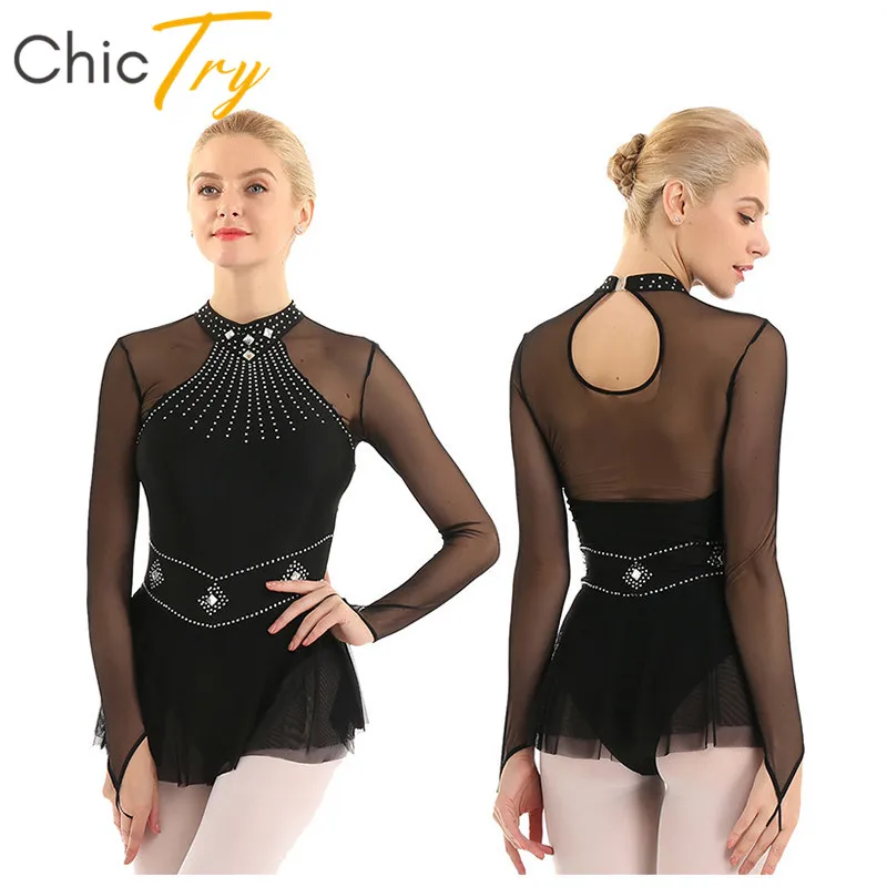 Chictry Adult Shiny Rhinestone Mesh Long Sleeve Stage Dance Costume