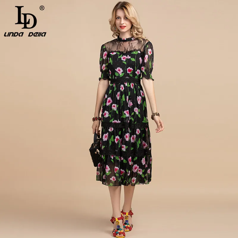 LD LINDA DELLA летнее элегантное дизайнерское длинное платье для женщин кружевное
