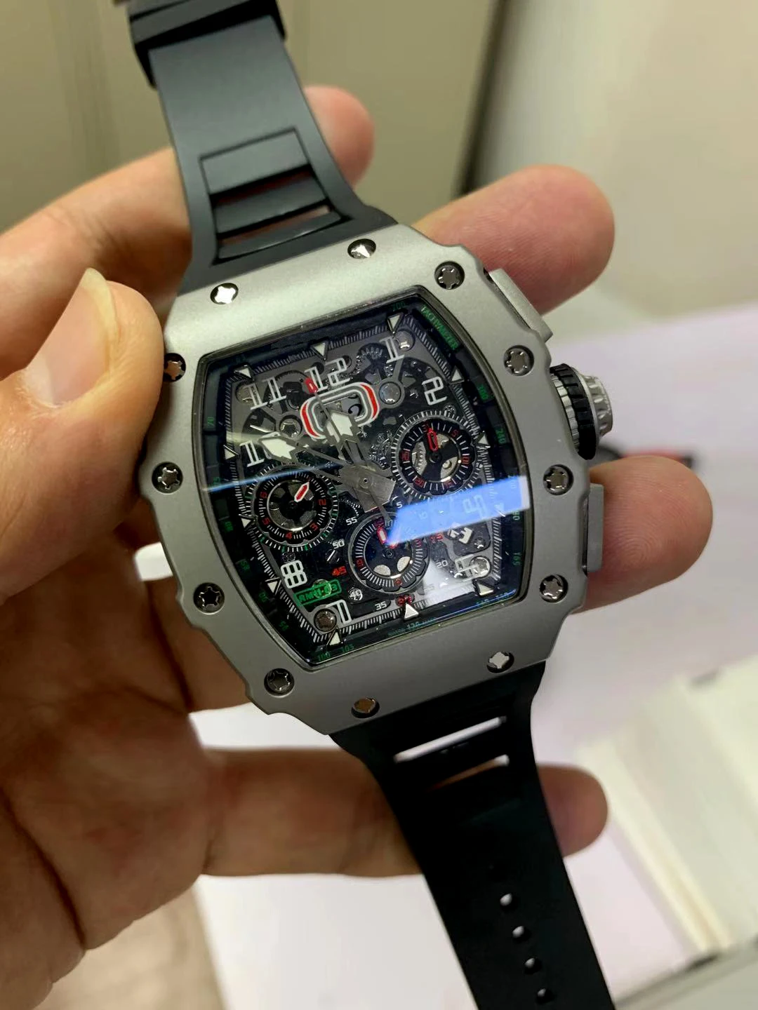 

Luxury Brand New Black Rubber Men Watch Sapphire Automatic Mechanical Tourbillion Calendar Titanium Felipe Massa Flyback Sport