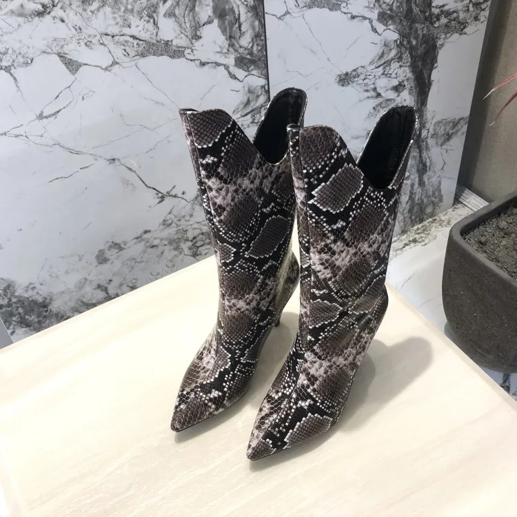 Snake Skin Pu Spike Heels Mid-Calf Boots Women High Heels Booties Female Party Shoes Ladies Pointed Toe Shoes Women Winter
