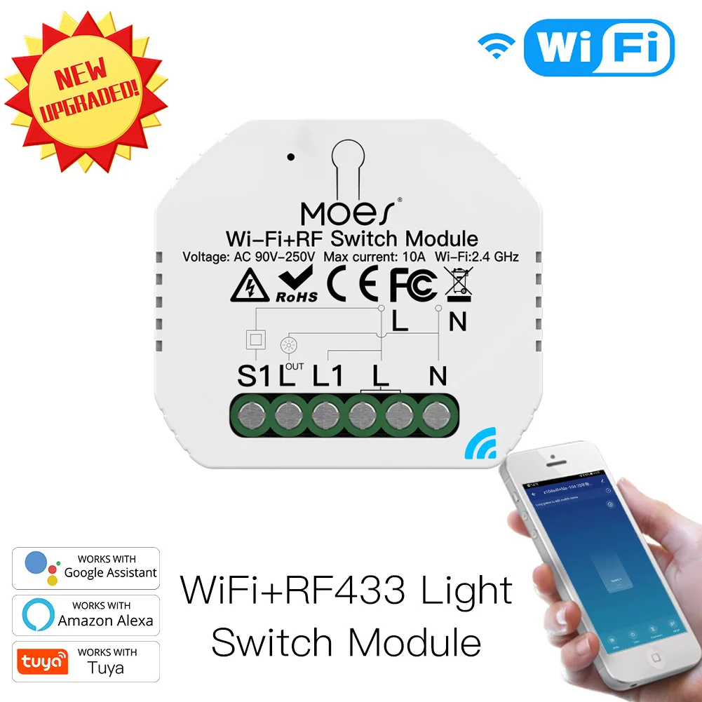 Tuya Smart Life App Wifi Relais Interrupteur Lumière RF 433 Mhz 1 Gang 1/2 Way Module 