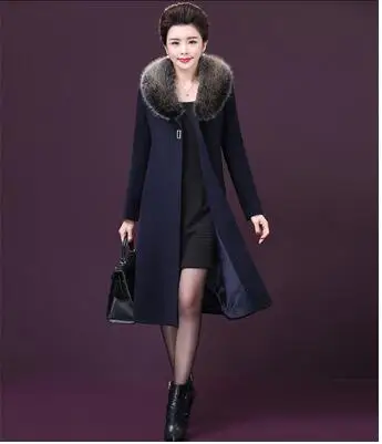 Новое длинное шерстяное пальто для женщин среднего возраста зимние теплые меховые куртки и пальто с меховым воротником элегантное теплое шерстяное пальто плюс размер 5XL - Цвет: Navy