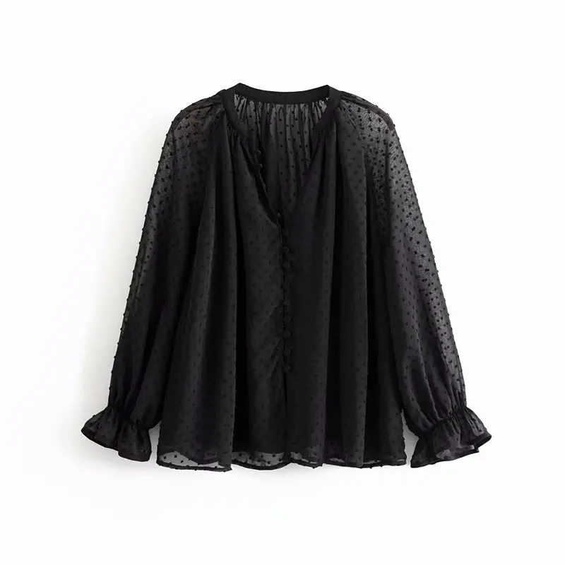Online Las nuevas mujeres de moda de cuello en v hebillas solo negro Camisa de gasa blusas de mujeres, manga linterna femininas camisa volantes camisas LS4052