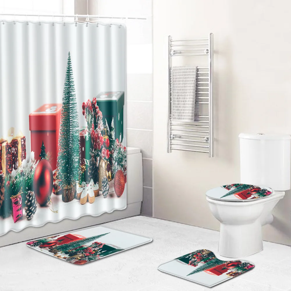 Christmas Bath Curtain Waterproof Shower Curtain Anti-slip Bathroom Carpet Set Absorbent Bathroom Toilet Pedestal Rug Foot Mat