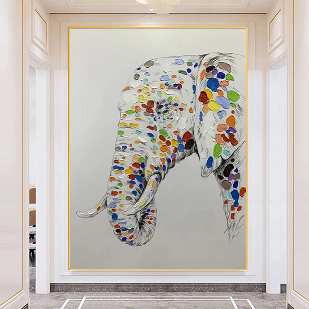 

Modern Home Decor Wall Art Picture Hand-Painted Oil Painting On Canvas Colorful Spots Texture Elephant Mural For Children's Room