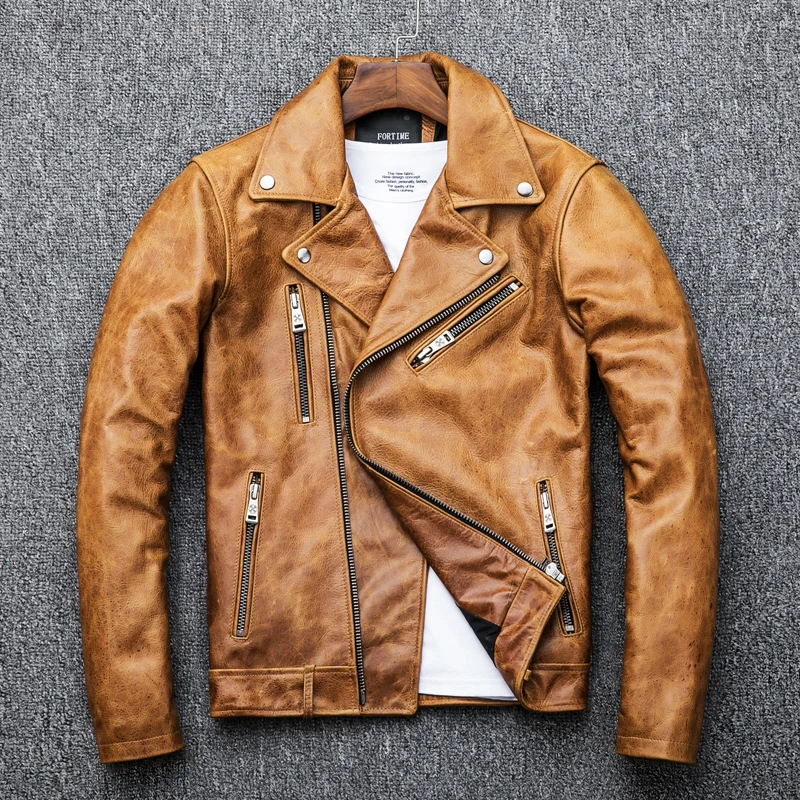 

Genuine Leather Jacket Men Oil Wax Cow Leather Coat Men's Motorcycle Jacket Yellow Chaqueta Cuero Hombre 2020 KJ1914