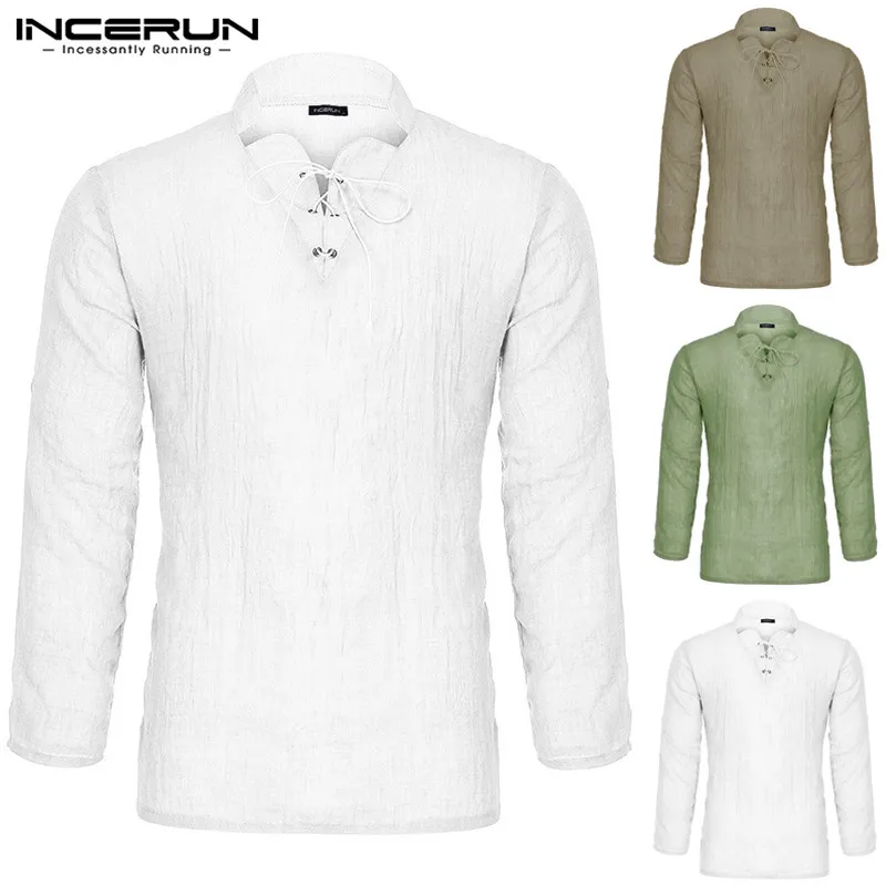INCERUN Men's Shirt Fashion Long Sleeve V-neck High Quality Streetwear Tops Medieval Peasant Retro Solid Color Men Shirt INCERUN Men's Shirt Fashion Long Sleeve V-neck High Quality Streetwear Tops Medieval Peasant Retro Solid Color Men Shirt