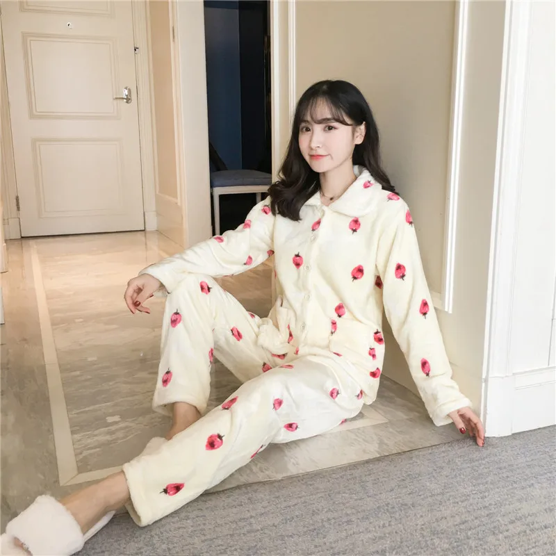 Autumn Winter Warm Flannel Women Pyjamas Sets Thick Coral Velvet Long Sleeve Cartoon Sleepwear Thin Flannel Pajamas Set for Girl
