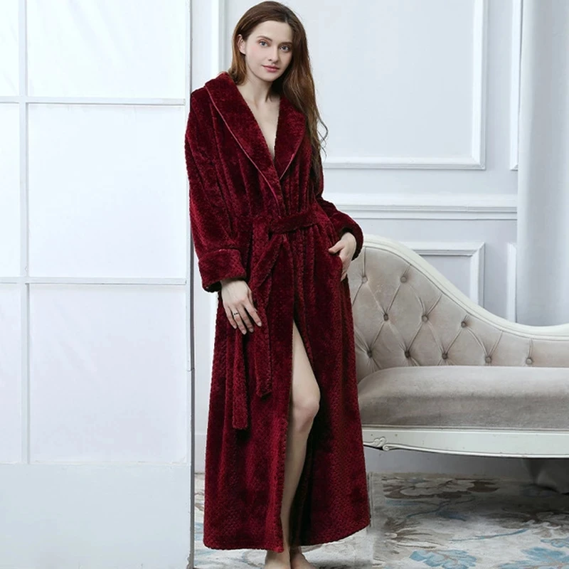 Winter Long Bathrobe Women Fluffy Warm Lover Bath Robe with Sashes Soft Kimono Dressing Gown Solid Comfortable Sleepwear Female women dress,women sleepwear