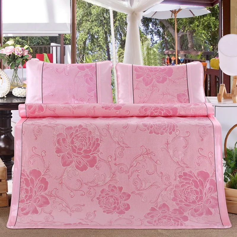 3PCS Ice silk mat jacquard mat 1.5 / 1.8 meters washable 2 pillowcases and 1 mat folding single double air conditioning