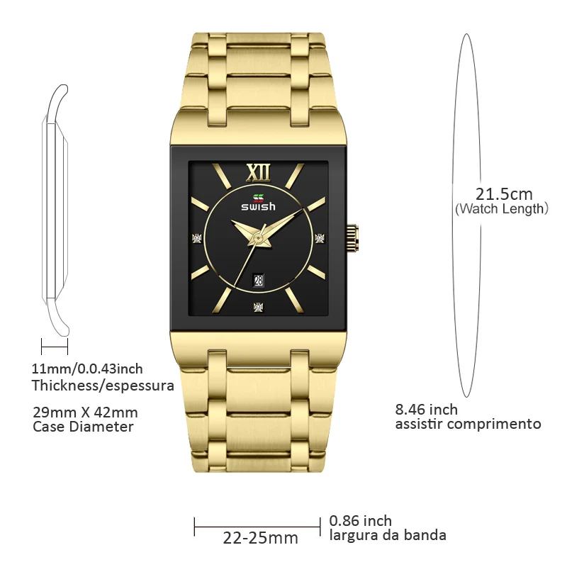 SWISH Men Watches Luxury Date Gold Watch Stainless Steel Waterproof Quartz Wristwatch Men Relogio Masculino