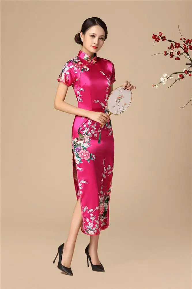 Китайское женское классическое Qipao Плюс Размер 3XL 4XL 5XL 6XL Vestidos Атласное Вечернее платье винтажное современное платье Ципао на пуговицах - Цвет: Hot Pink