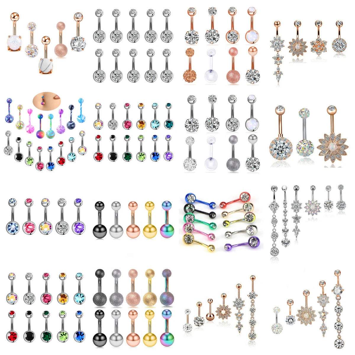 Lot De 4 Piercings De Nombril En Acier Chirurgical 14G - Clicker, Anneau Inversé Courbé, Zircones, Pour Hommes Et Femmes - 12