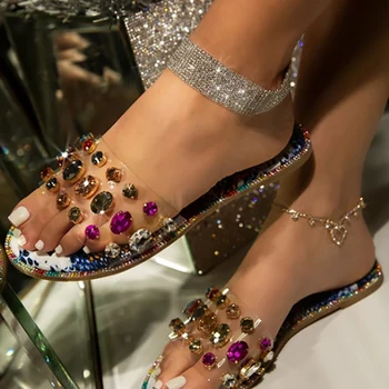 

Summer comfortable handmade flat-bottomed Women’s slippers Fashionable wild Roman rhinestones plus size outdoor slippers 35-43