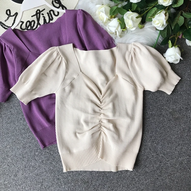Short-sleeved T-shirt Women's Short Crop Tops Simple Pure-color Knitted Shirt Loose V Neck Short Sleeve Tops F053