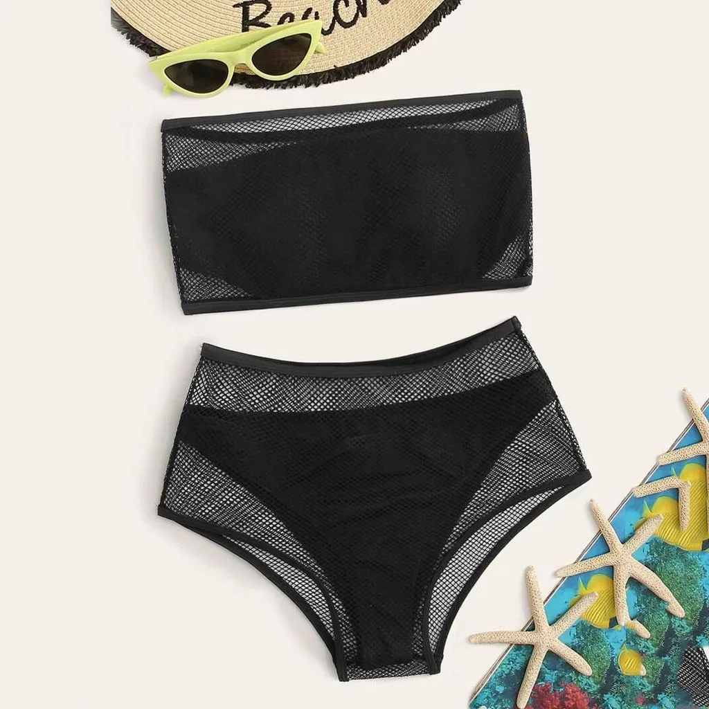2020 New Swimwear Women Black Mesh Patchwork Monokini Mujer Strapless Bandeau Bikini Set High Waisted Two Piece Swimsuit 303#3 2020 New Swimwear Women Black Mesh Patchwork Monokini Mujer Strapless Bandeau Bikini Set High Waisted Two Piece Swimsuit 303#3