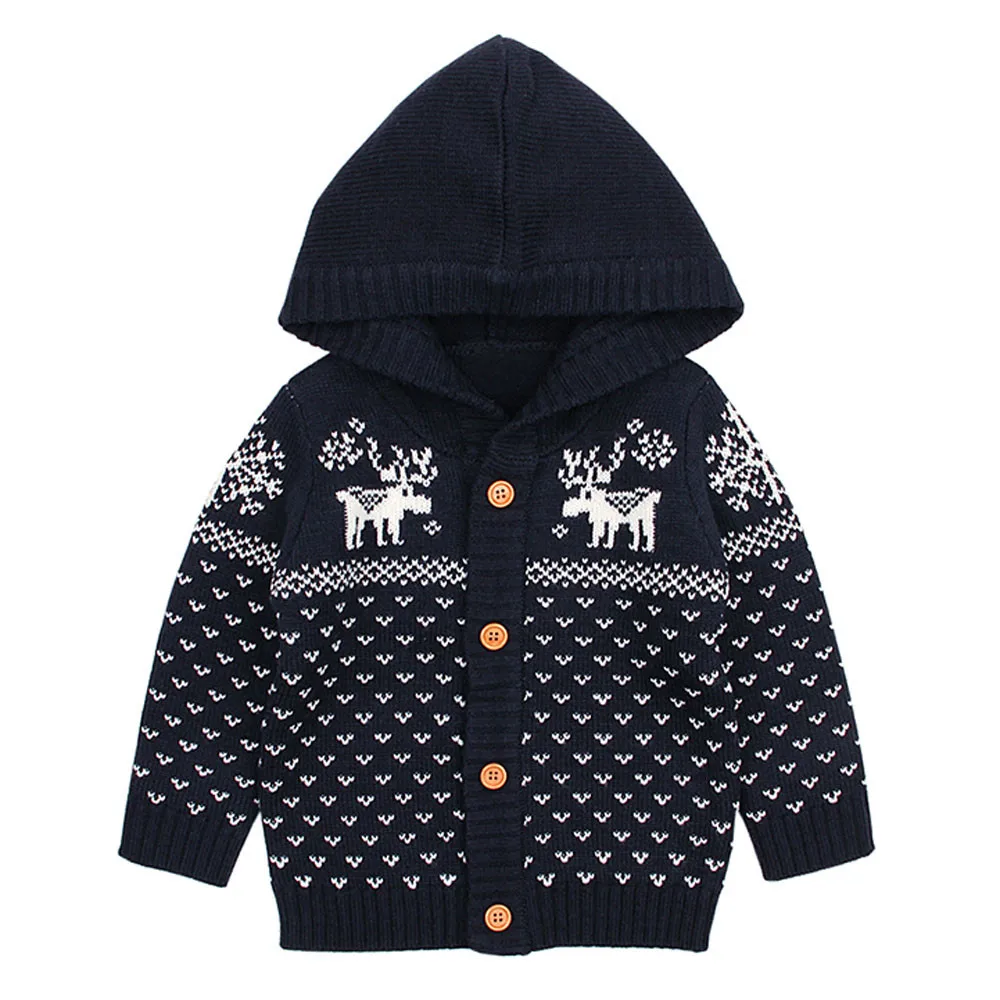 Детские вязаные топы с капюшоном и рождественским оленем для новорожденных мальчиков и девочек, зимние теплые модные повседневные пальто - Цвет: Тёмно-синий