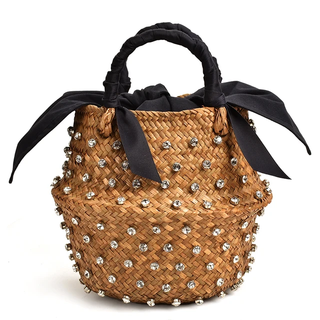 Handmade Embellished Straw Bag Summer Holiday Beach Bag with Pearl Ladies Woven Bucket Diamond Bag Designer Hot Handbags 1