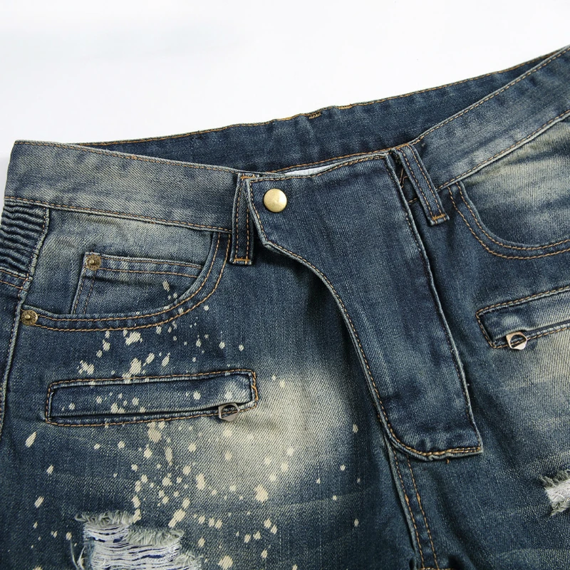 Discount Men's Jeans Retro Nostalgia Embroidered Hole Motorcycle Slim Stretch Pants Moto & Biker Full Length Skinny Jeans Distressed