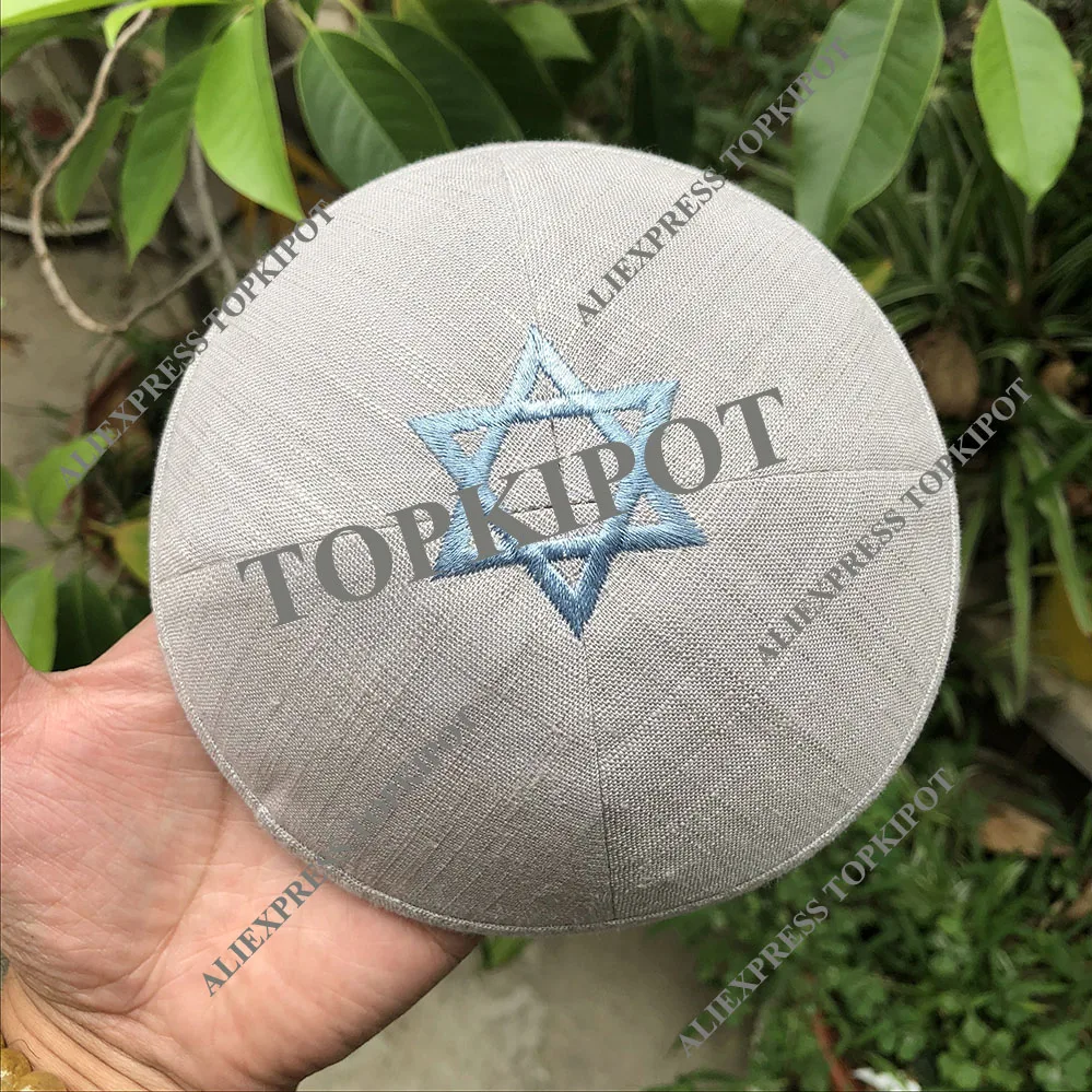 Бежево-серый льняной KIPPAH для свадьбы с белым вышитым логотипом LD, серебряным принтом внутри этикетки