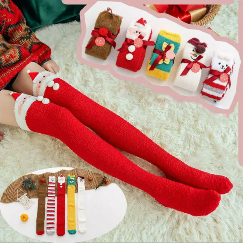 Xmas Women Girl Striped High Stockings Over The Knee Stripy Santa Print Long Hosiery Stockings Christmas