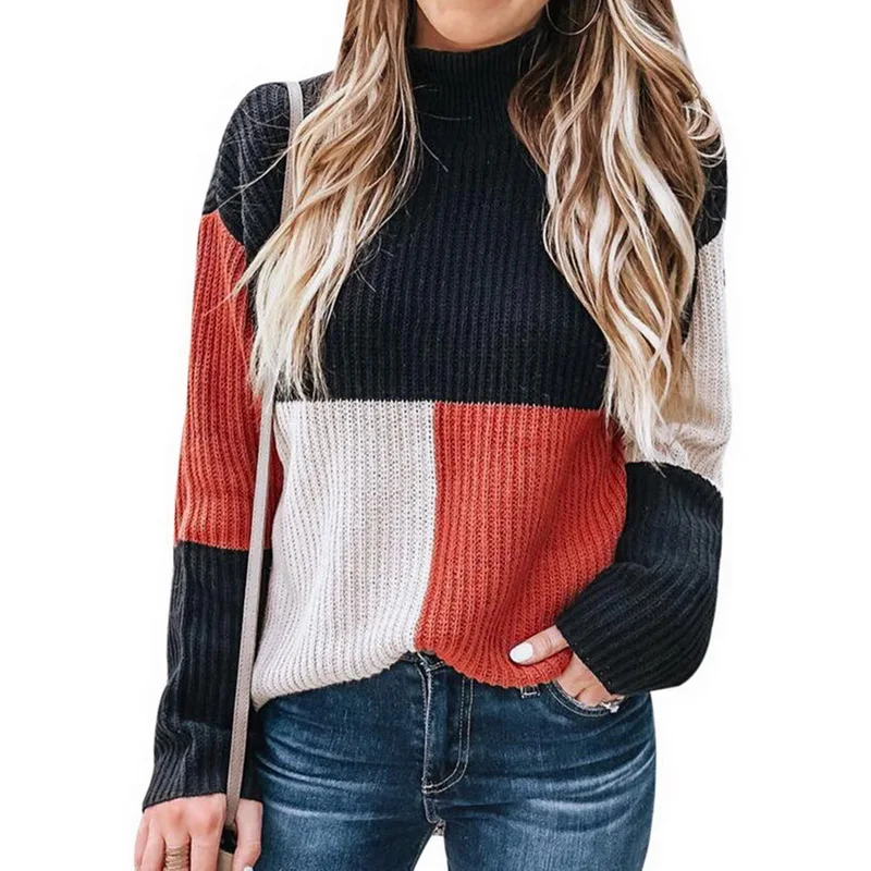 NIBESSER New Autumn Winter Fashion Women Knitted Plaid Patchwork Sweater Turtleneck Long Sleeve Female Casual Streetwear | Женская