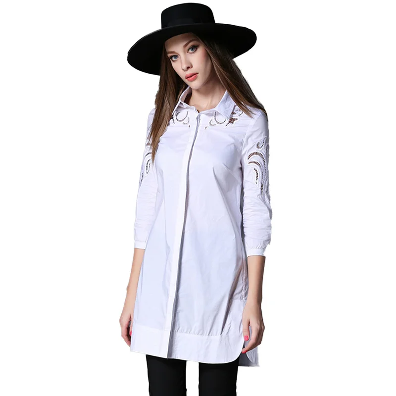 

Spring Summer Women Tops Long Sleeve Shirt Casual Blouse Female Work Wear Solid Women Hollow Out Top White Office Lady Shirts