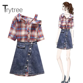 

Trytree Summer Women two piece set Casual Turn-down Collar Strapless Plaid Tops + Cowboy Skirt Button Mini Fashion 2 piece set