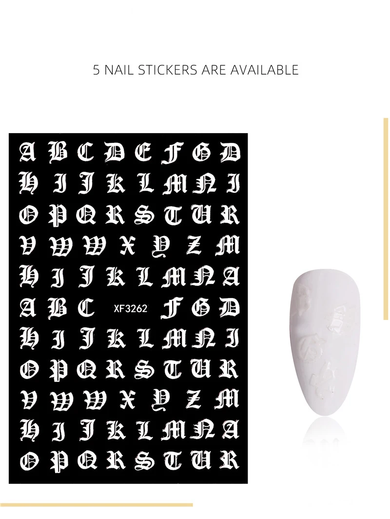 5pcs/set Black/Gold/Rose gold/Sliver/White Letter 3d Nail Art Sticker Nail Decal Nail Adhesive Sticker Decals Nail Decoration
