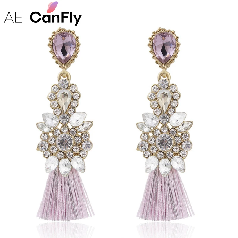 AE CANFLY Full Rhinestone Long Thread Tassel Earrings Temperament oorbellen Big Statement Earring Fashion Jewelry EX551|tassel earrings|thread