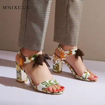 

New summer high heels sandals women block heel shoes woman 2020 open toe print lace up plus size 42 43 yellow ladies party shoes