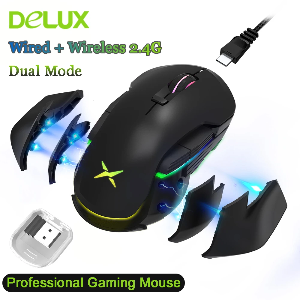 Delux M627 PMW3389 сенсор Проводная+ беспроводная RGB игровая мышь 16000 dpi 8 кнопок левая и правая рука мыши с DIY боковые крылья