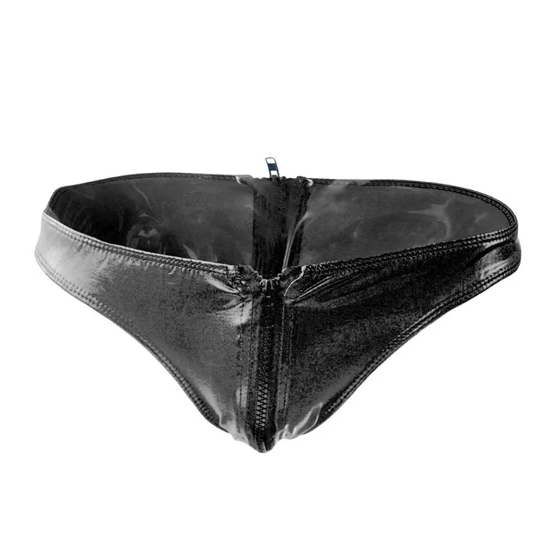 Sexy Gay Underwear Men Briefs Bikini Slip Faux Leather Panties Man Zip Breathable Low Waist Pouch Underpants Cueca Calzoncillos |
