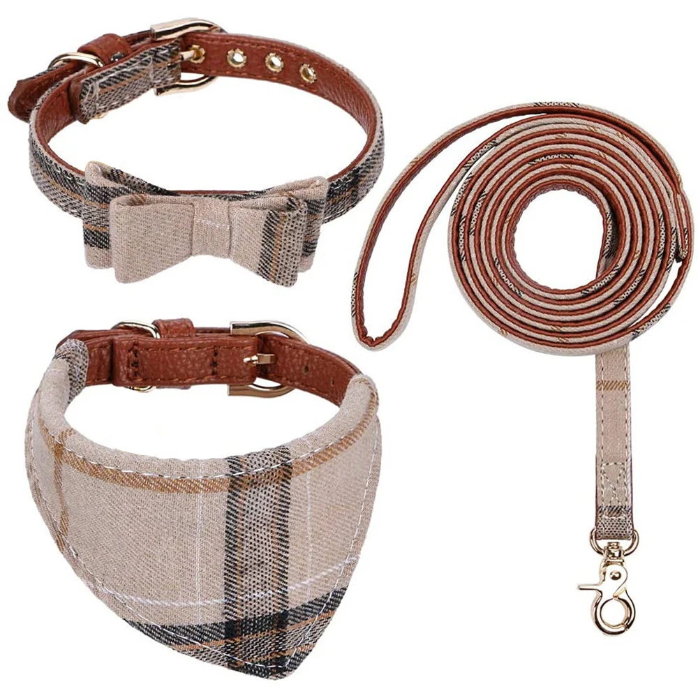 

3 PCS Bow Tie Dog Collar and Leash Set Brown Classic Plaid Adjustable Dogs Bandana and Collars for Puppy Cats