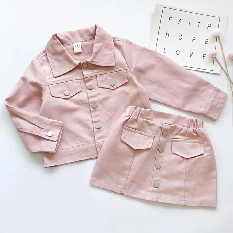 Casual Girls Clothing Set Autumn Solid Button Jacket Skirt Suit 2pcs Clothes Set Long Sleeved Thanksgiving Outfits Girls Clothes