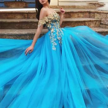 

Blue Evening Dresses 2020 Gold Lace Off the Shoulder Slit Dubai Kaftan Saudi Arabic Long Prom Formal Dress robe de soriee