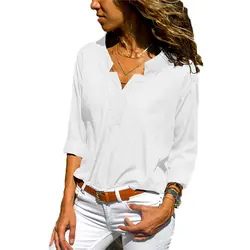 Однотонная блузка с рукавом 2019, новая осенняя Хлопковая женская рубашка, сексуальный топ с v-образным вырезом, элегантные женские блузки