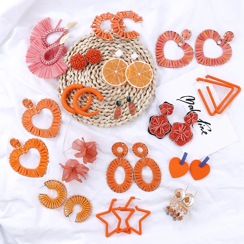

Flashbuy 2019 Korean Orange Geometric Statement Long Earrings Unique Acrylic Resin Heart Raffia Weave Women Dangle Drop Earrings