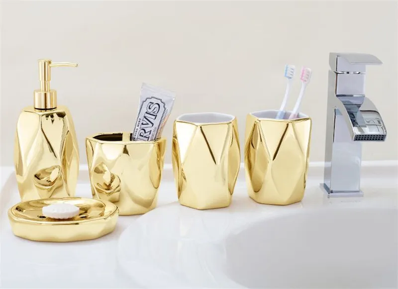 Набор аксессуаров для ванной комнаты, керамический диспенсер для мыла, держатель для зубной щетки, чашка для полоскания, мыльница, набор из 5/6 предметов с подносом, с золотым покрытием