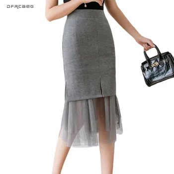 

Patchwork Mesh Women Pencil Skirts 2020 High Waist Sexy Bodycon Lady Skirt Female Plus Size WorK Office Knee Length Skirt Femme
