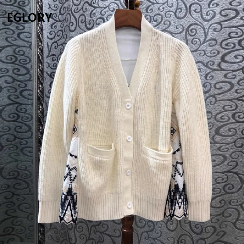 

2019 Autumn Fashion Cardigan Jacket High Quality Women Geometric Embroidery Patchwork Long Sleeve Casual Sweater Cardigan Ladies