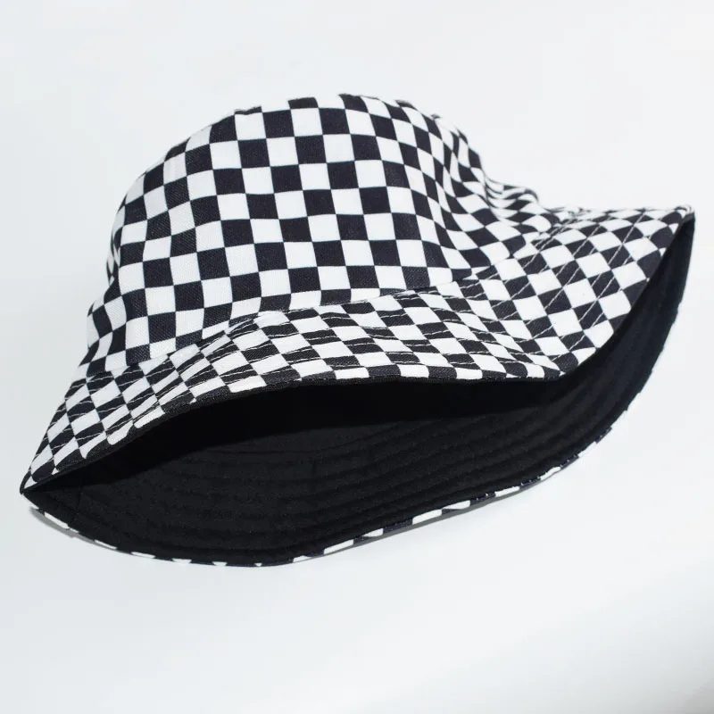 Summer plaid Bucket Hat Women Fashion Cotton Beach Sun Hats Black White Reversible Bob chapeau Femme Panama Hat Fisherman Hat