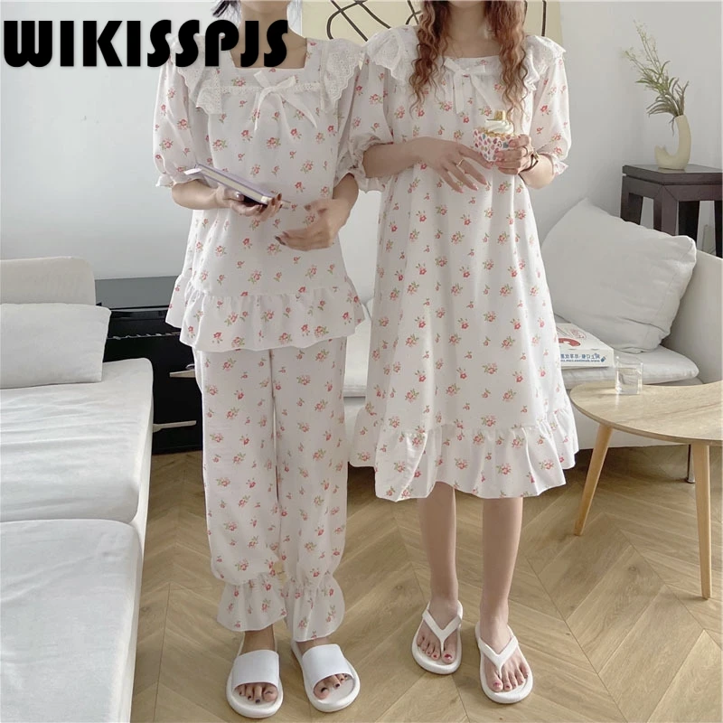 

2022 Summer New Princess Style Sweet Broken Flower Nightdress, Best Friend's Dress, Ruffle and Square Collar Womens Pajamas