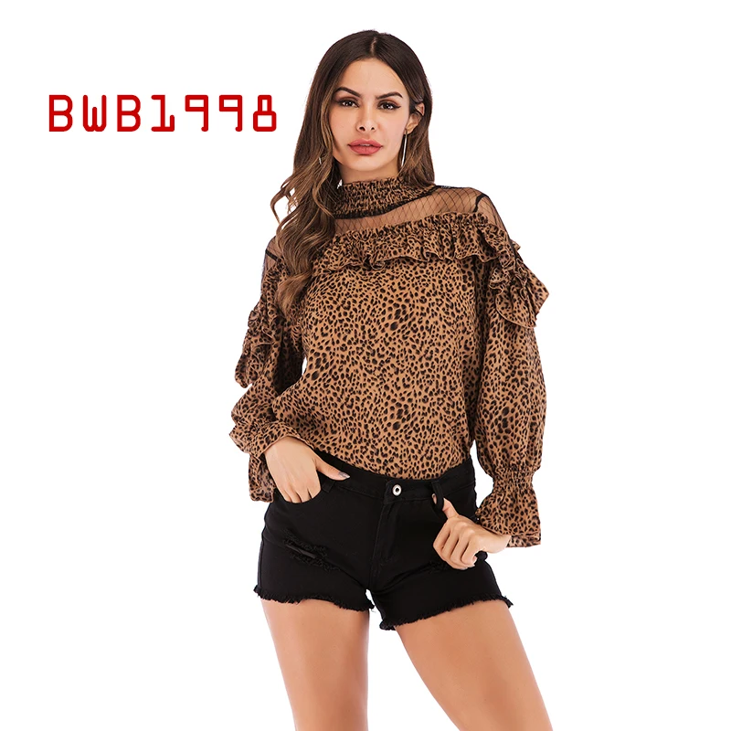 

BWB1998 European and American Leopard Mesh Stitching Chiffon Blouse Women's Autumn Clothes Women Fit Flared Sleeve Ruffled Top