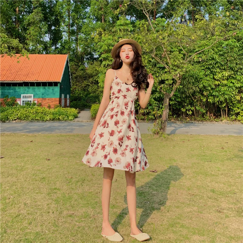 

High-waisted Floral-Print Strapped Dress Women's Mid-length Long Sleeve fu gu qun
