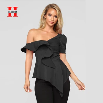 

Harrill Skew Collar Ruffled Blouse Women Tops Slim One-shoulder Irregular Blouses Office Lady Tops Streetwear Blouse