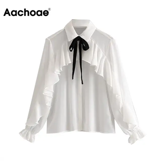 US $14.98 Aachoae Women Bow Tie Long Sleeve White Chiffon Blouse Ladies Turn Down Collar Ruffles Office Shirt